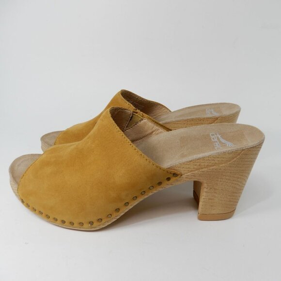 DANSKO Tandi Heeled Slip On Mule Sandals 38 7.5 8 Yellow Nubuck Leather NEW - Picture 1 of 11